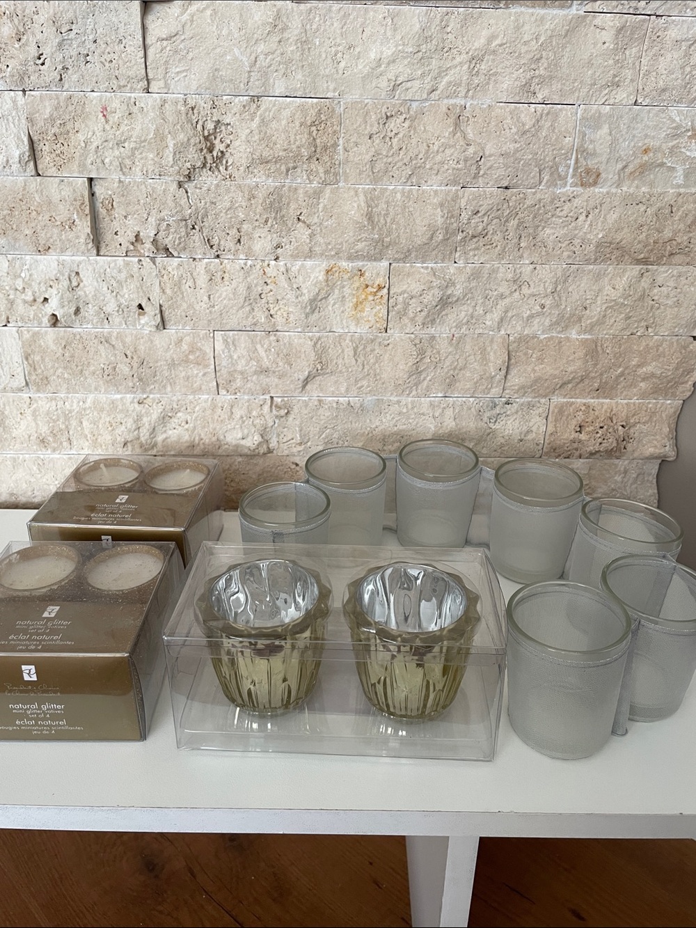 Set of Glass Votives and Hilders in Gold and Fabric